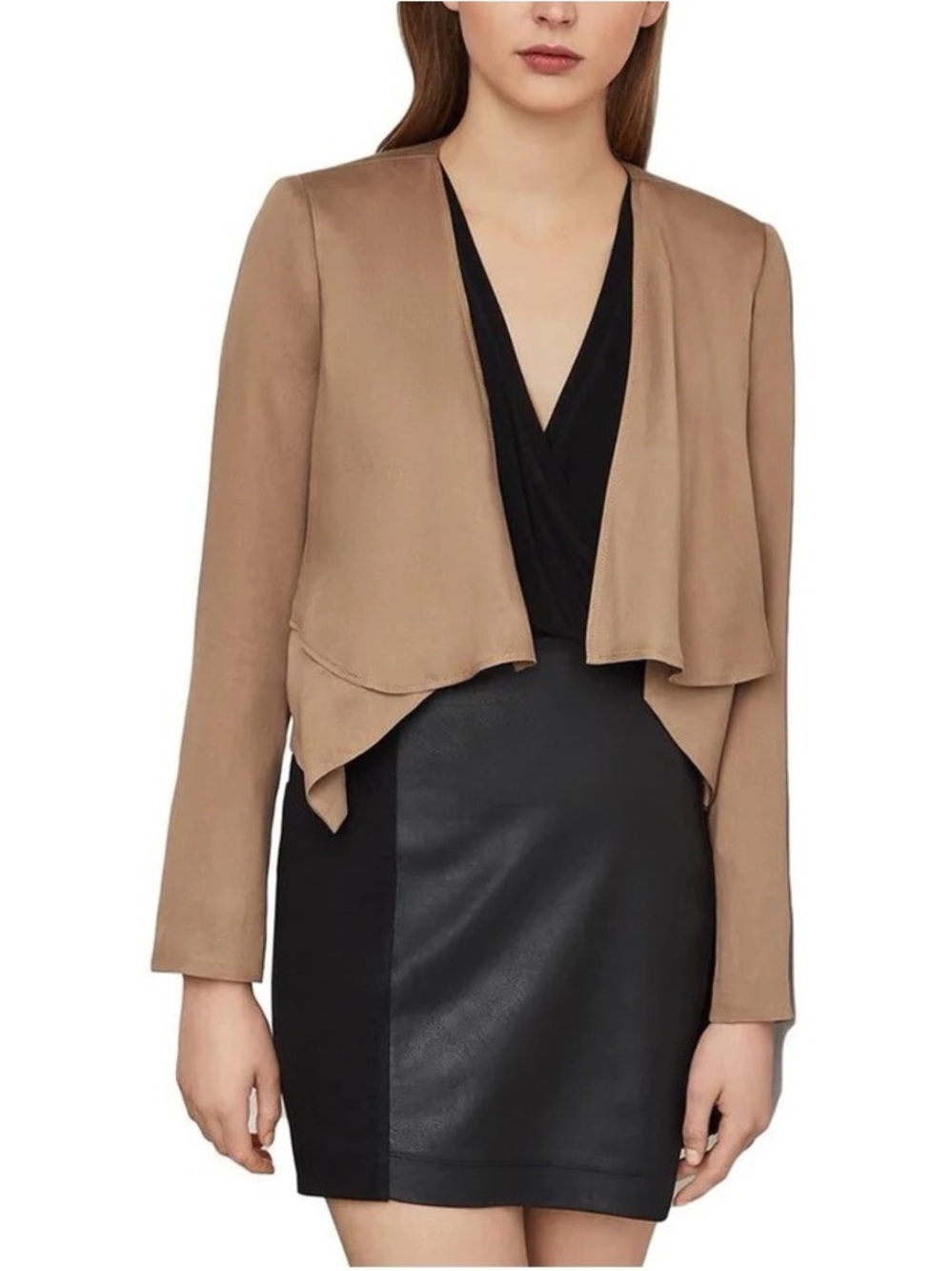 BCBGMaxAzria Anita Draped Open-Front Cropped Blazer in Chestnut